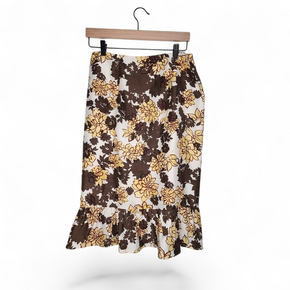 Alfani Silk Floral Print Ruffle Hem Skirt in Brown Yellow White Size 10 - Picture 1 of 6